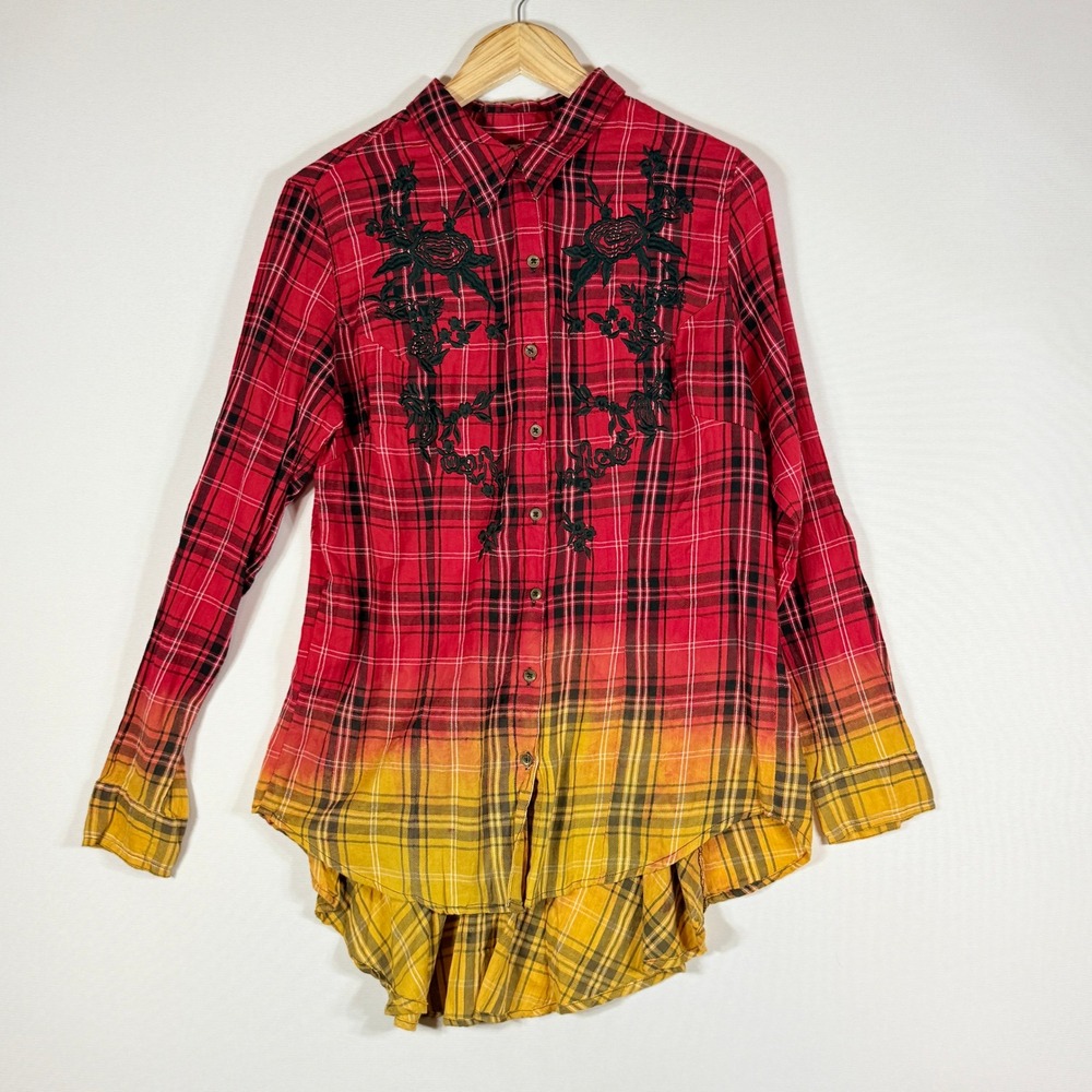 Lola P Womens Small Shirt Plaid Ombre Western Rodeo Boho Rustic Red Yellow Artsy
